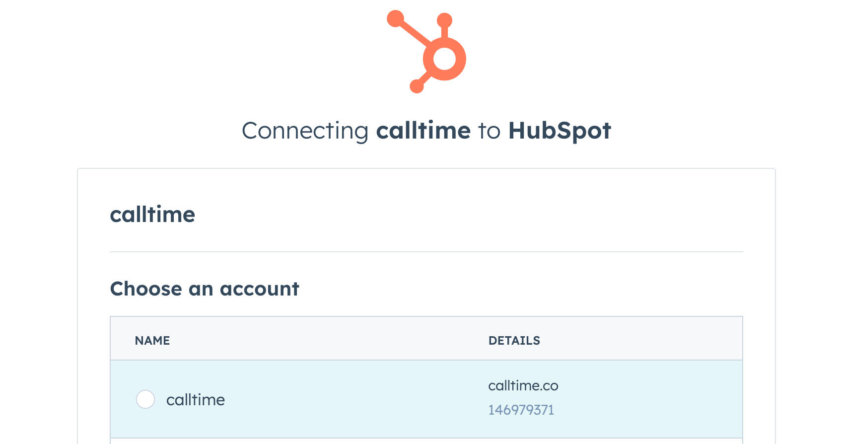 Connecting calltime to HubSpot - Choose account