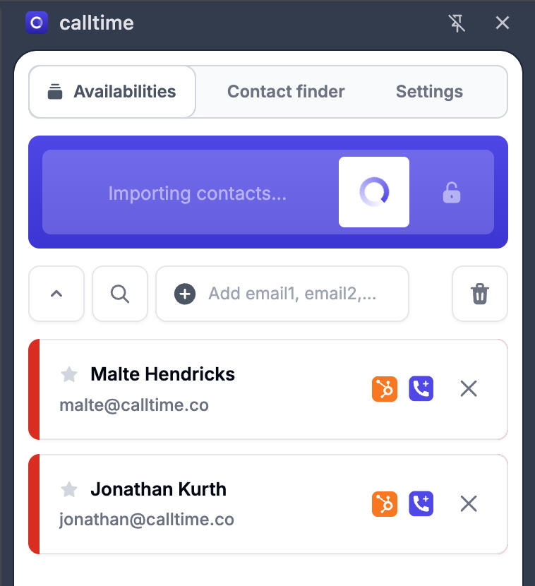 Calltime showing imported contacts with availability