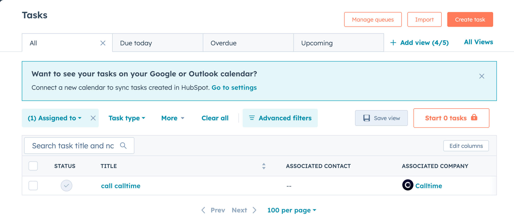 HubSpot Tasks page